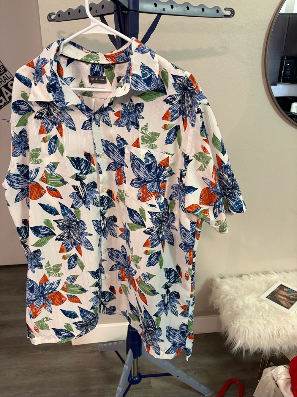 Men's Short-Sleeve Floral Button-Up Shirt - White with Blue, Orange & Green